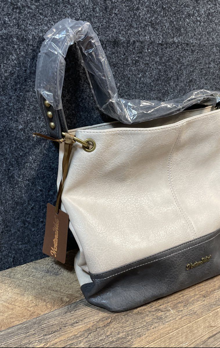 Montana West Grey Cream PU Leather Shoulder Bag Hobo Purse NWT Brass Hardware