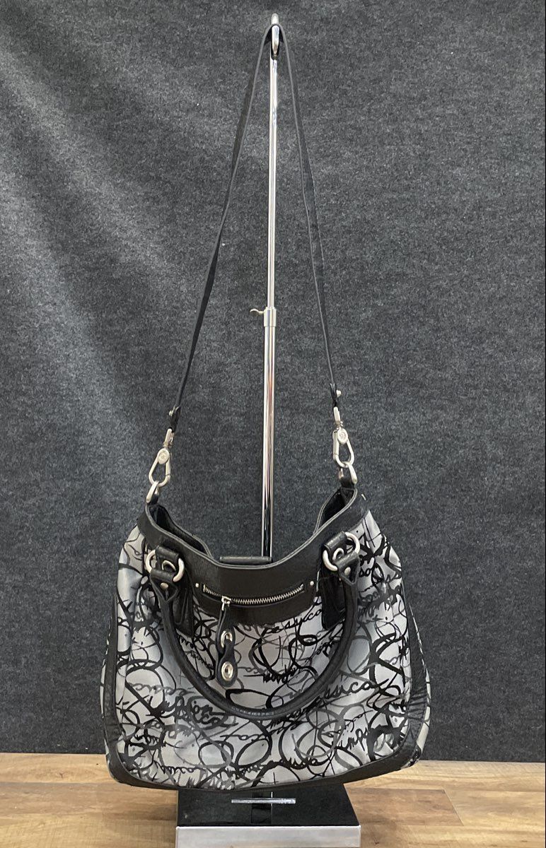 Jessica Simpson Grey Black Graffiti Logo Canvas Hobo Shoulder Bag Silver
