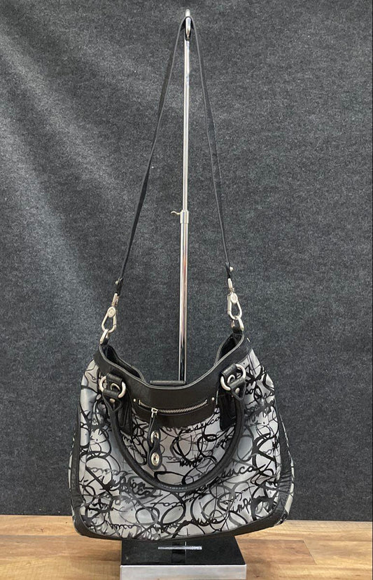 Jessica Simpson Grey Black Graffiti Logo Canvas Hobo Shoulder Bag Silver