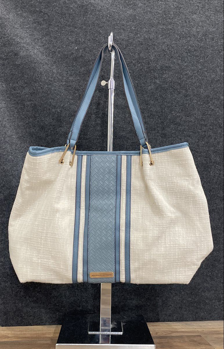 Adrienne Vittadini White Woven Fabric Blue Trim Tote Bag Gold Hardware