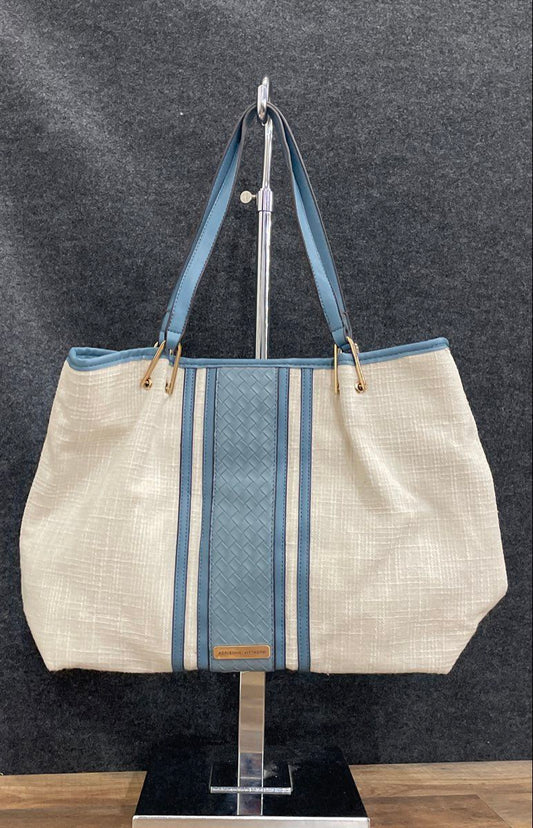 Adrienne Vittadini White Woven Fabric Blue Trim Tote Bag Gold Hardware