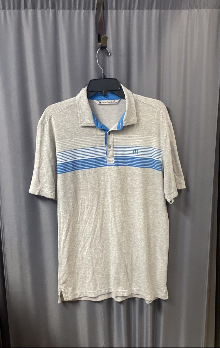 TravisMathew Men's Heather Gray Blue Striped Short Sleeve Polo Shirt Sz M