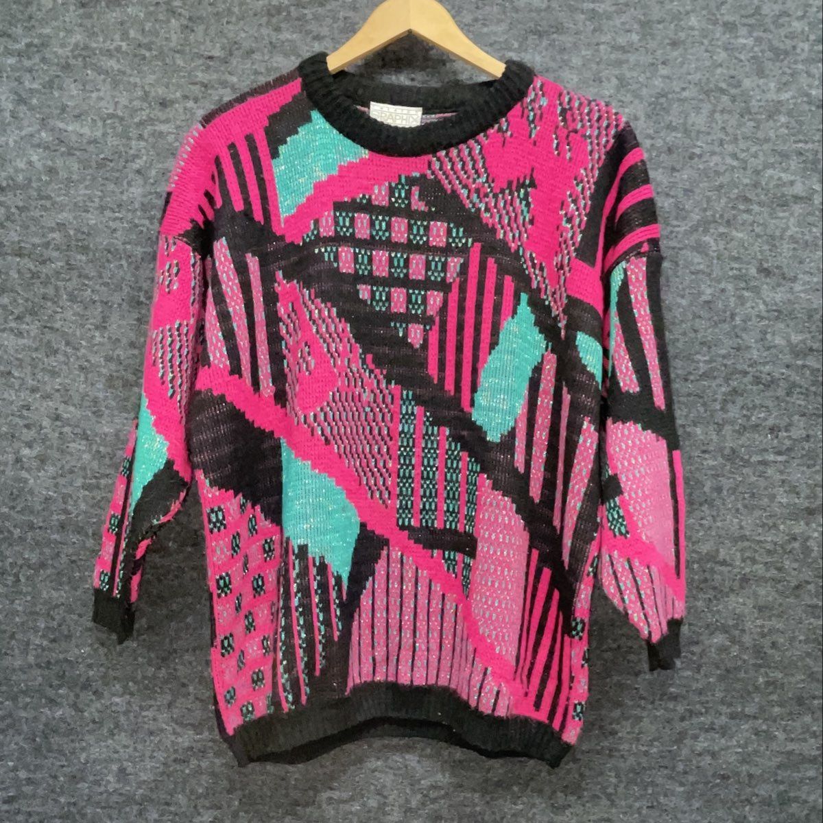 Vintage 80s Studio Graphics Women's Abstract Geometric Neon Knit Sweater Sz L