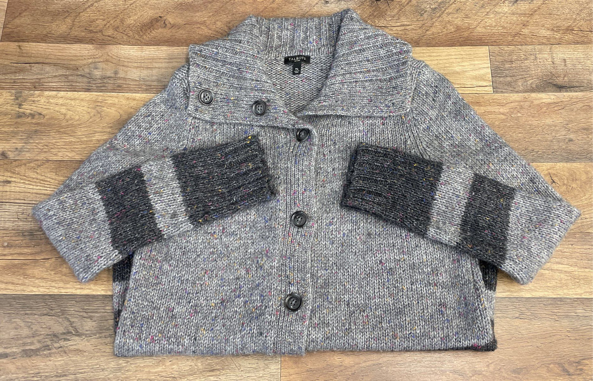 Talbots Women's Grey Wool Blend Confetti Tweed Striped Cardigan Sweater Sz MP