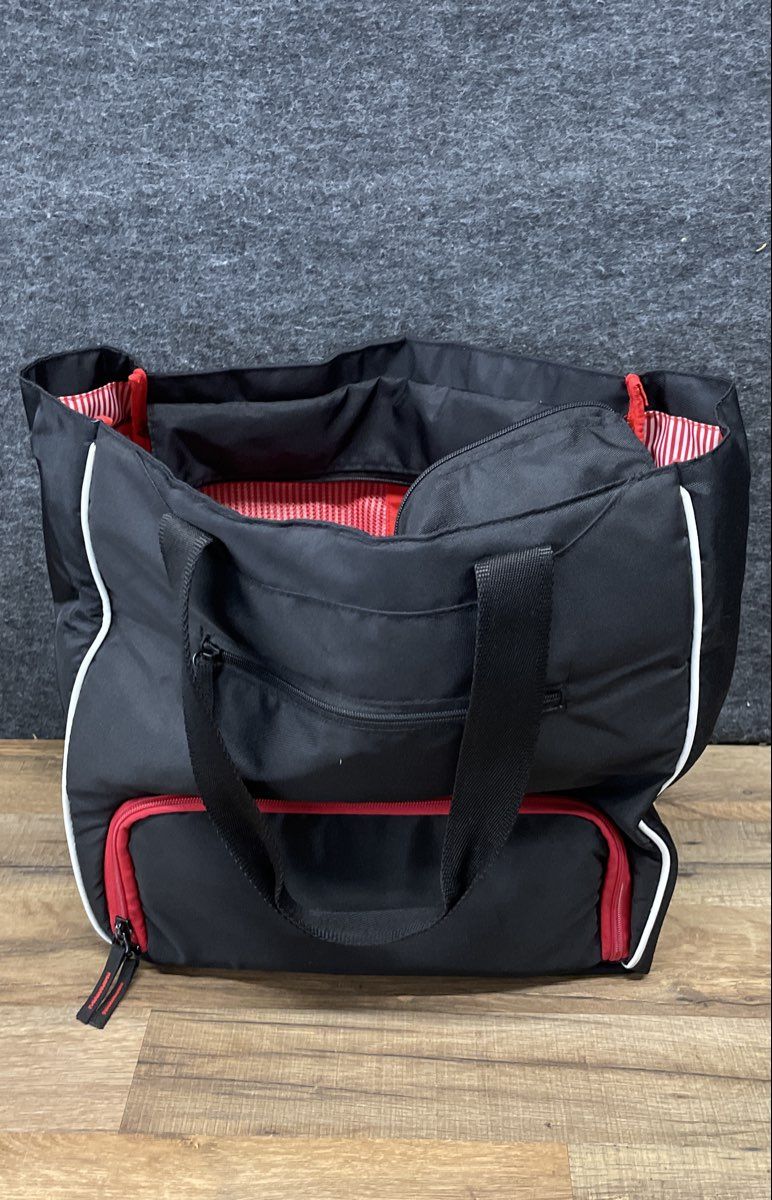 6 Pack Fitness Black Meal Prep Management Tote Bag Red Striped Lining Insulated