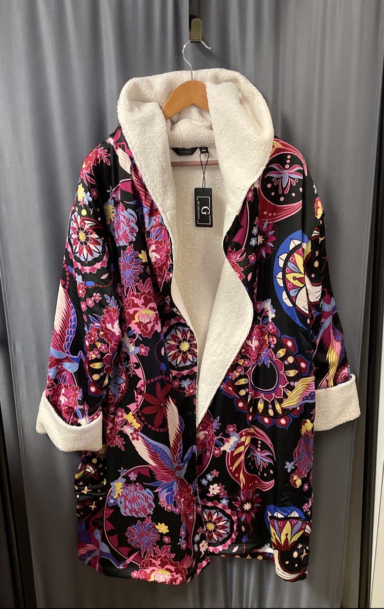 G by Giuliana Black Label Women's Floral Fleece Lined Hooded Robe NWT Sz M/L