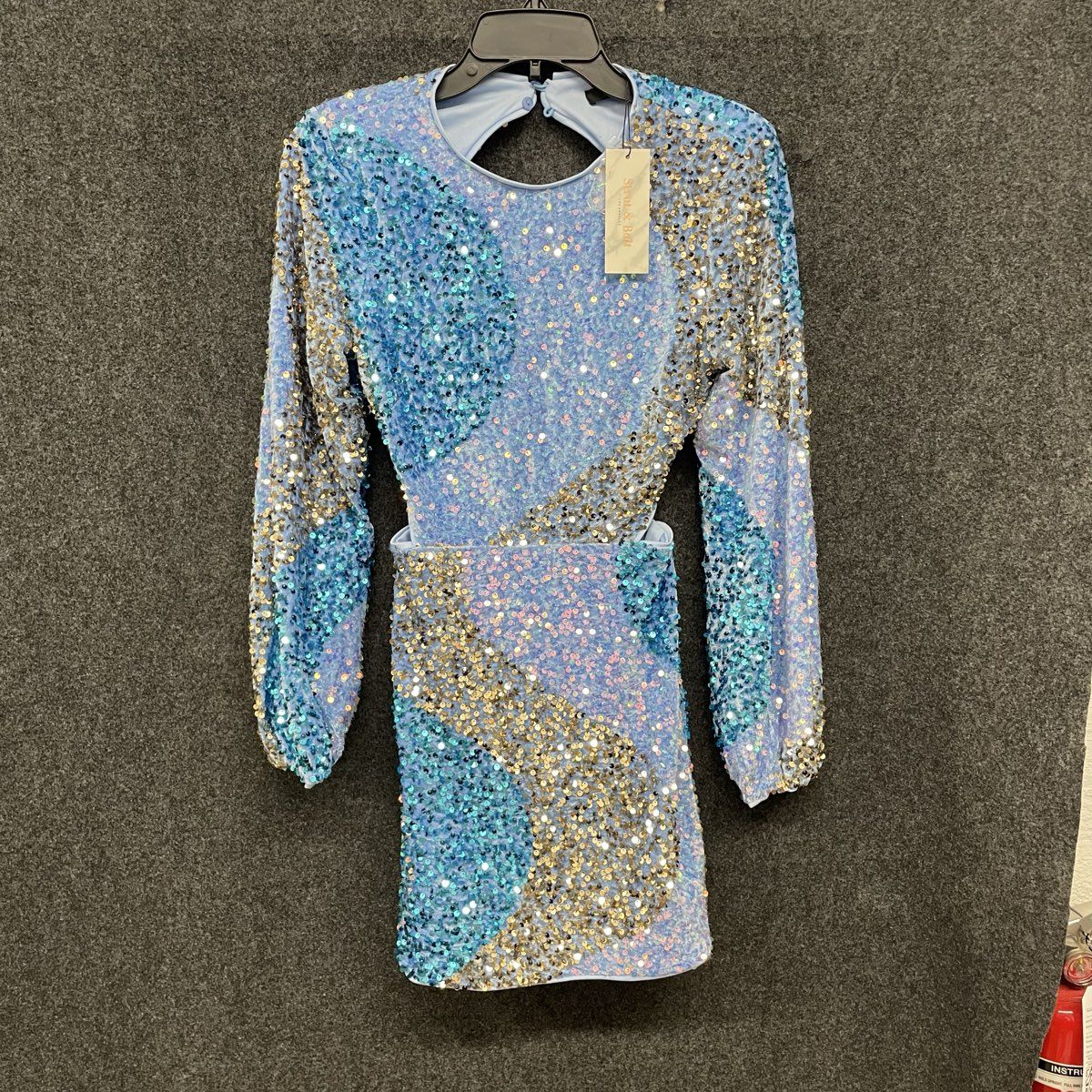 Strut & Bolt Women's Blue Sequin Padded Mini Dress Open Back Long Sleeve S NWT