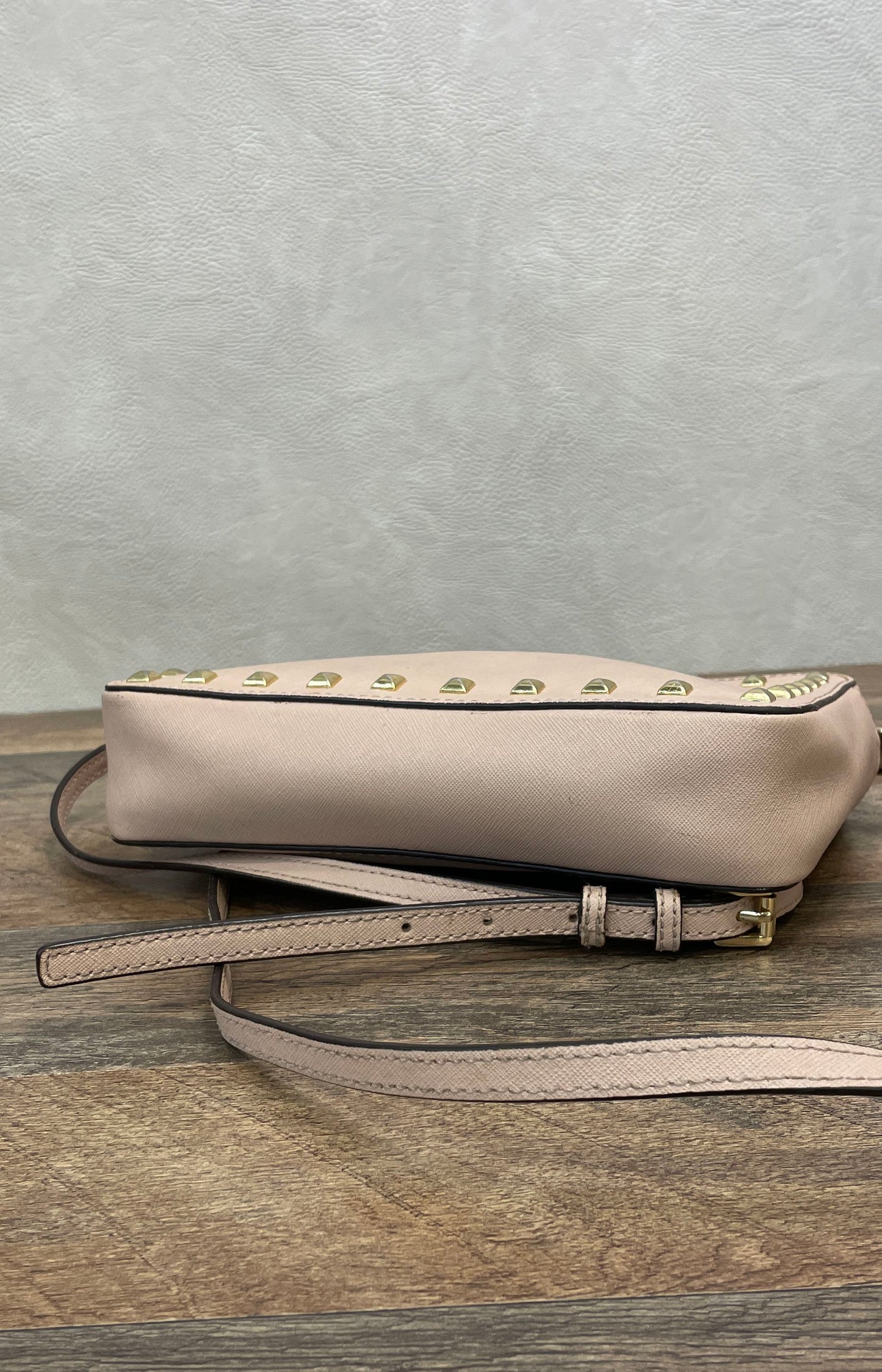 Michael Kors Blush Pink Studded Saffiano Leather Jet Set Crossbody Bag Gold