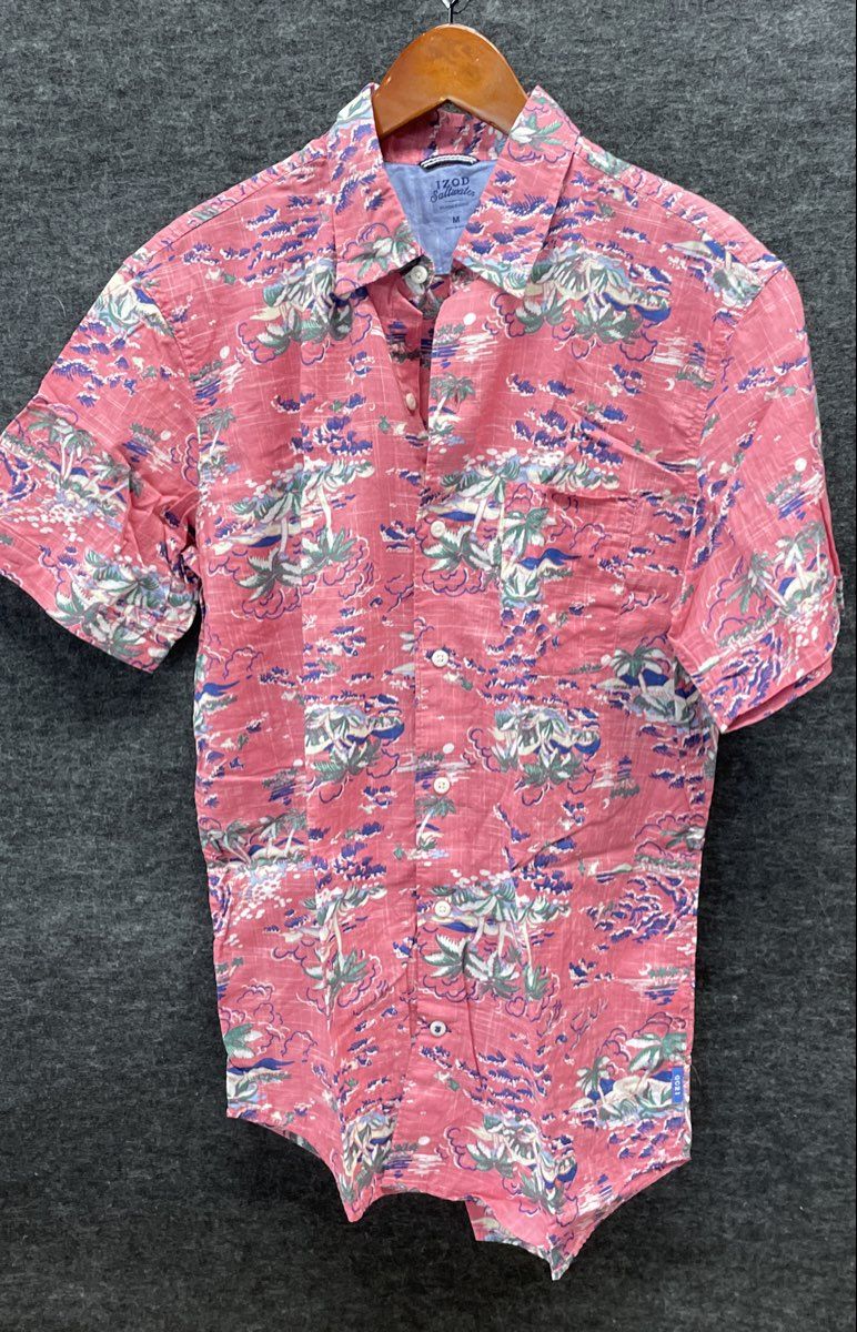 IZOD Saltwater Men's Pink Tropical Palm Short Sleeve Button Up Shirt Sz M