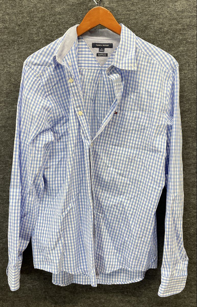 Tommy Hilfiger Men's Blue White Gingham Checkered Classic Fit Button Up Shirt M