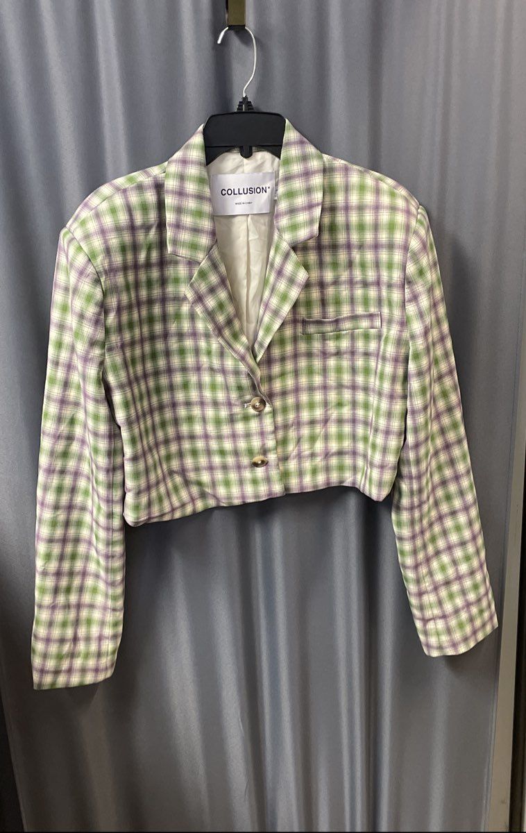 Collusion Women's Green Purple Plaid Cropped Blazer Jacket Size 8