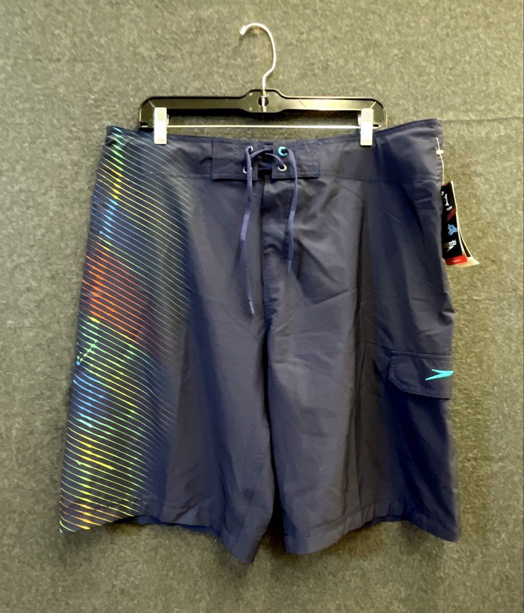 Speedo Men's Navy Blue Rainbow Diagonal Stripe Swim Board Shorts Sz 36 NWT