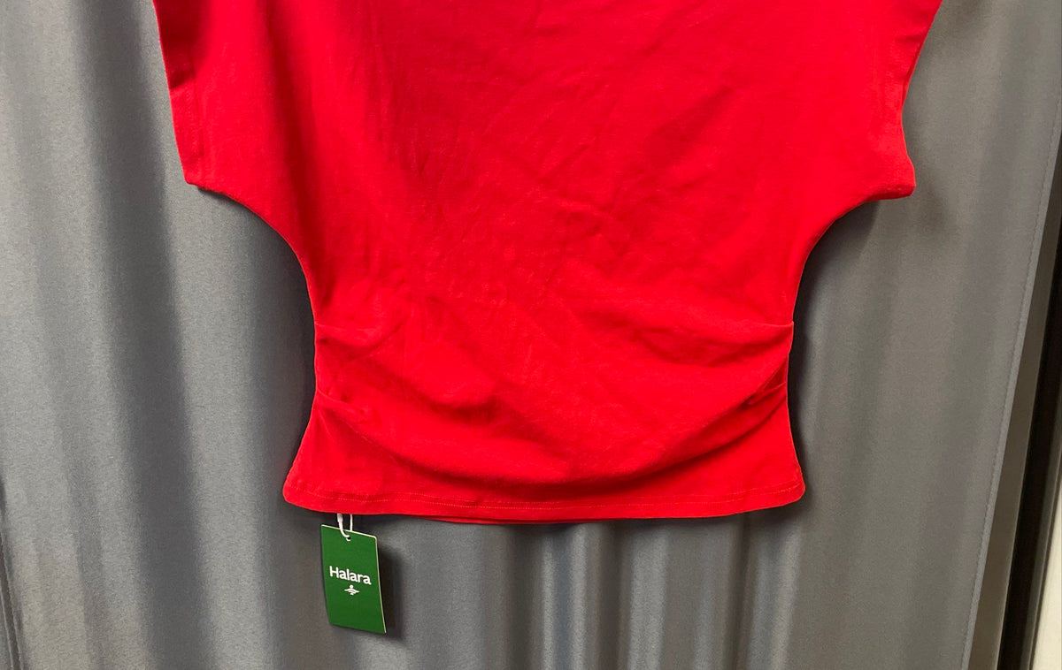 Halara Women's Red Boat Neck Ruched Side Cap Sleeve Athleisure Top Sz S NWT