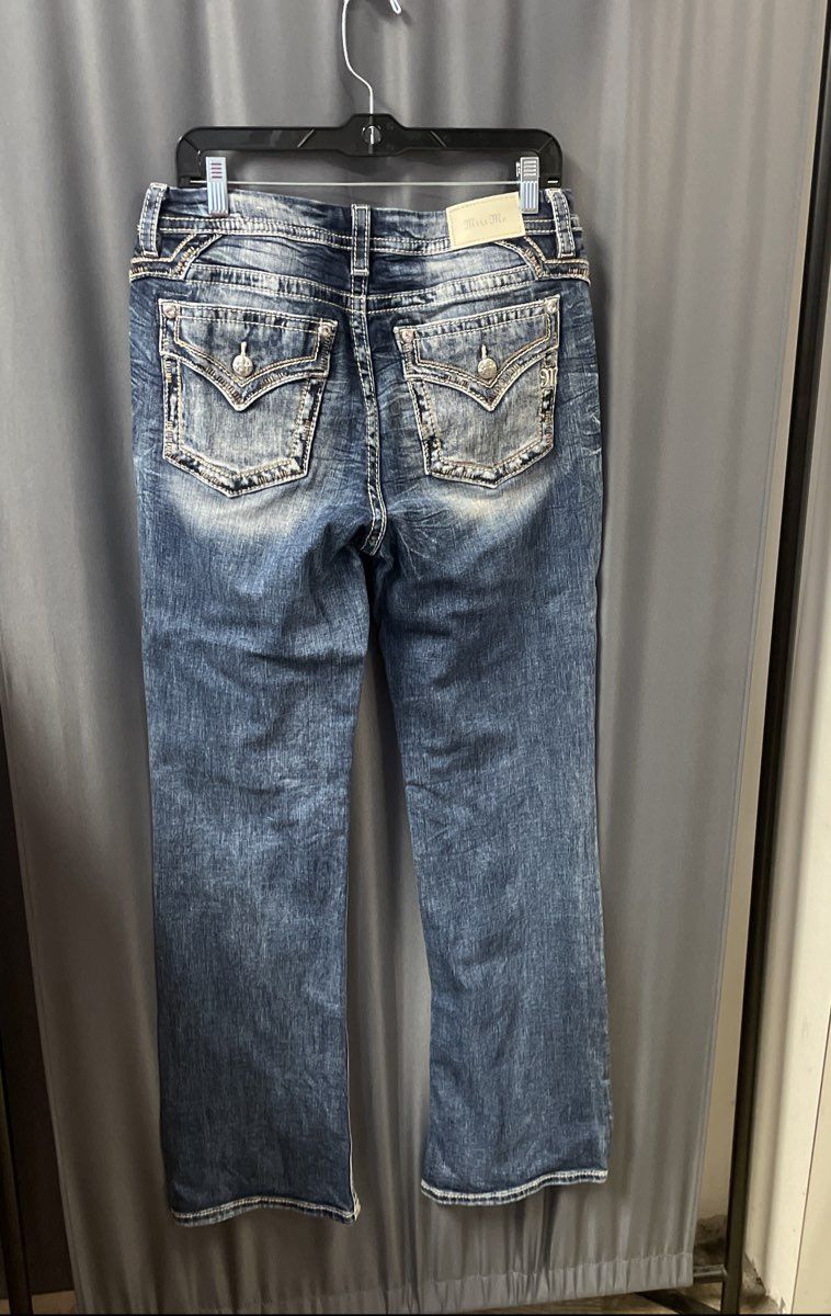 Miss Me Women's Blue Curvy Boot Cut Embellished Flap Pocket Jeans Sz 31x34