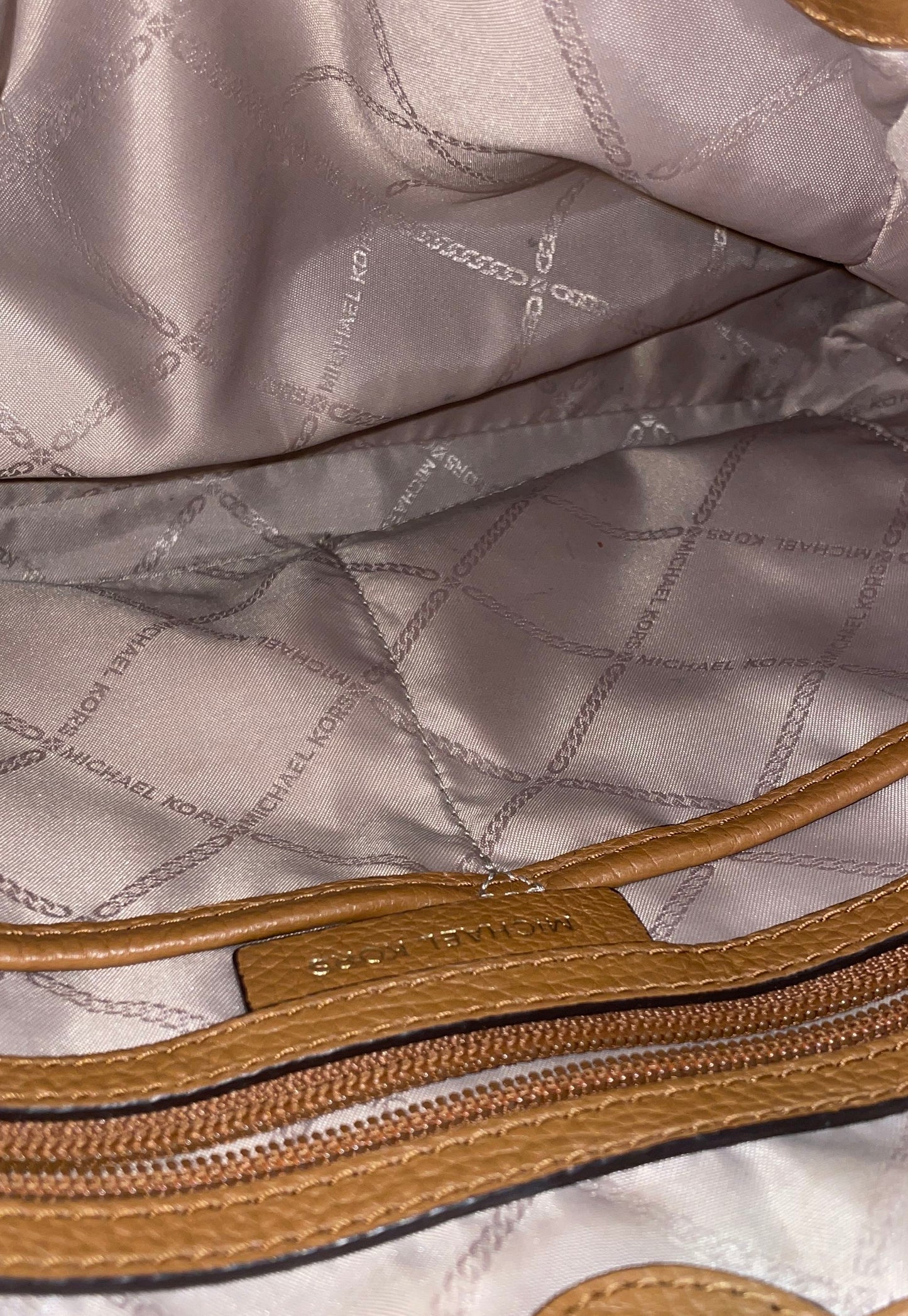 Michael Kors Brown White Monogram Signature Canvas Tote Bag Gold Hardware