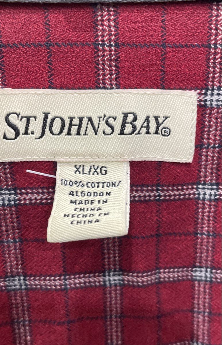 St. John's Bay Men's Red Plaid Button Up 100% Cotton Long Sleeve Shirt XL