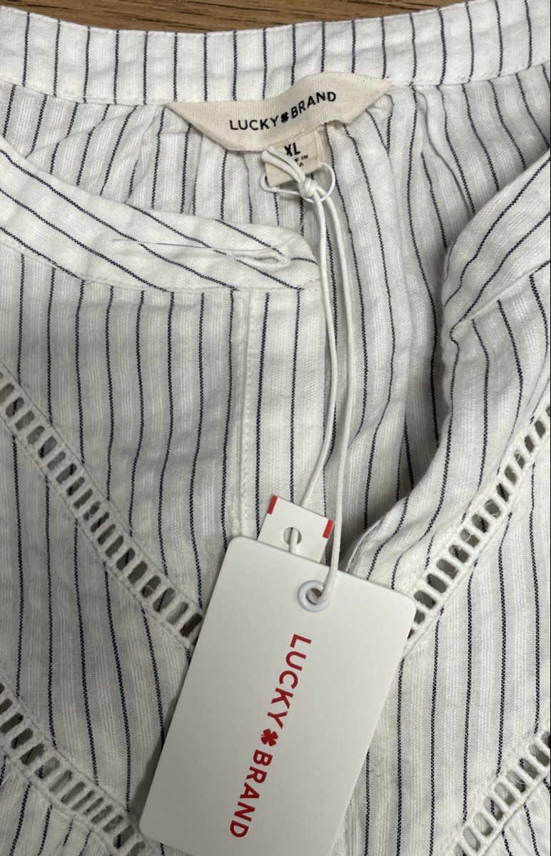 Lucky Brand Women's White Blue Stripe Puff Sleeve Eyelet Trim Blouse Top Sz XL