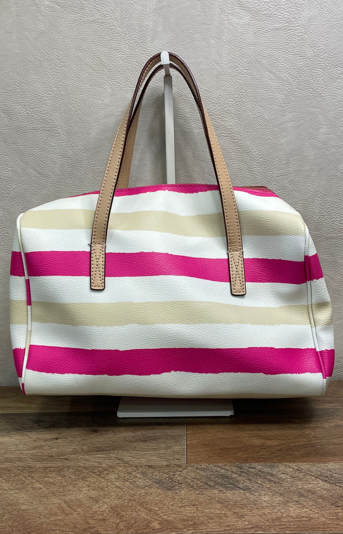 Kate Spade Pink White Cream Striped Leather Satchel Bag Gold Hardware