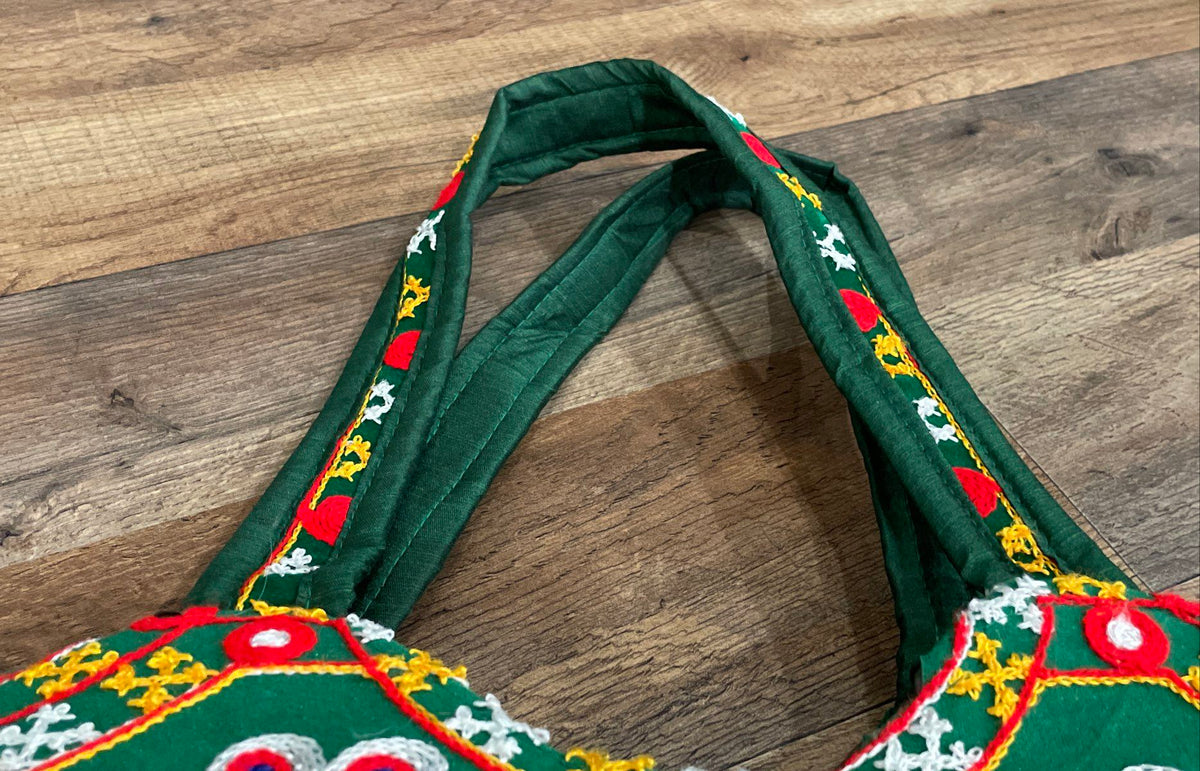 Green Embroidered Elephant Shisha Mirror Work Fabric Tote Shoulder Bag
