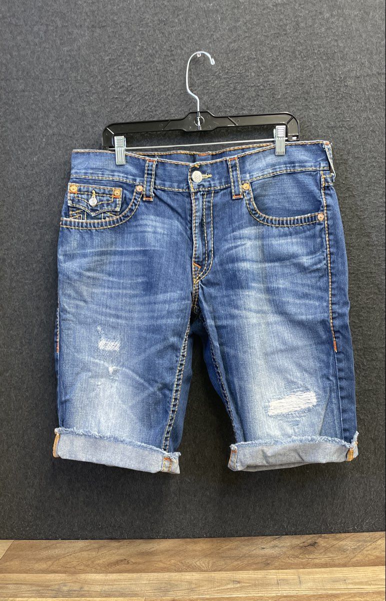 True Religion Men's Blue Distressed Cut Off Denim Shorts Horseshoe Sz 36