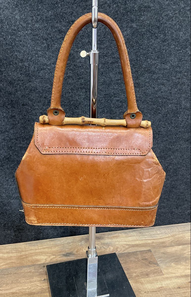 Vintage Brown Leather Satchel Handbag with Bamboo Accent Brass Turn Lock