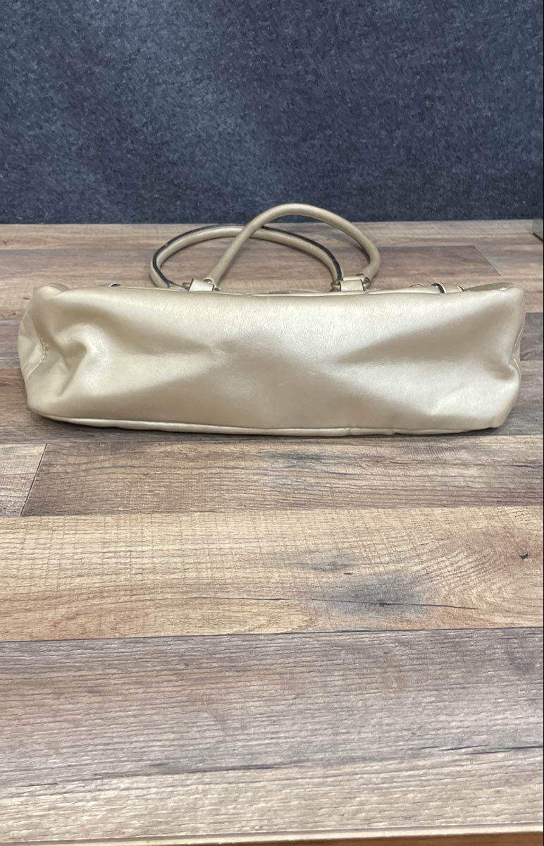 Champagne Gold Faux Leather Triple Compartment Satchel Shoulder Bag Handbag