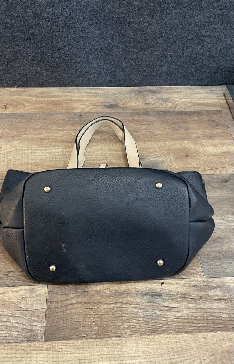 Black Faux Leather Tote Bag Beige Shoulder Straps Gold Tone Hardware