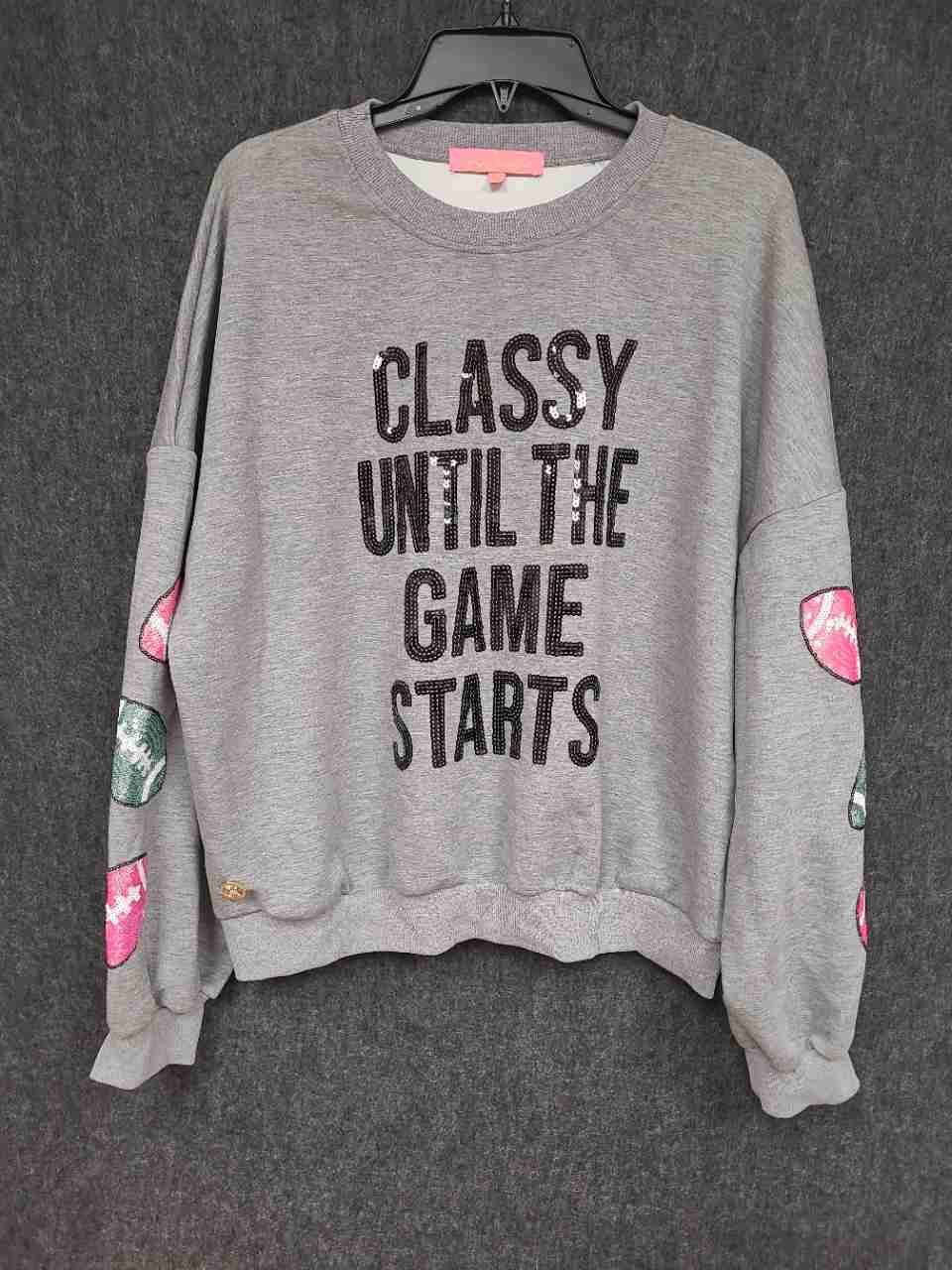 Simply Southern Women's Gray Sequin Classy Until The Game Starts Sweatshirt XL