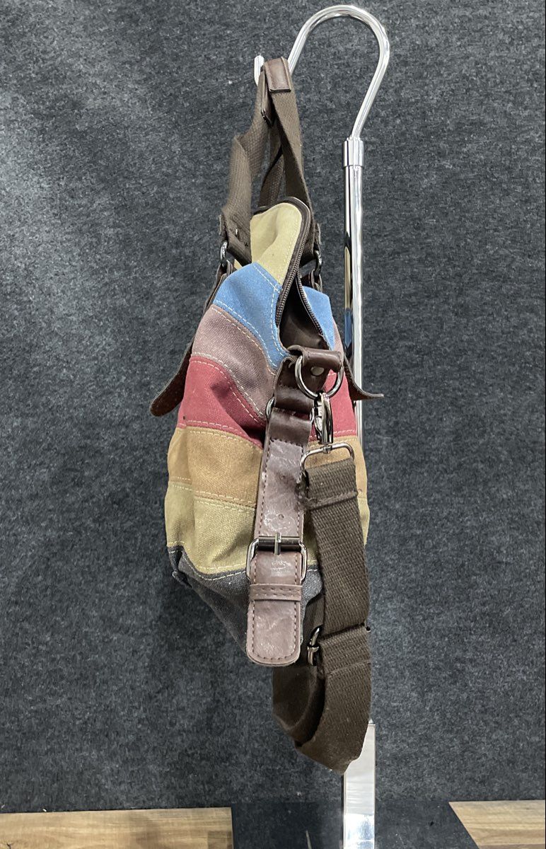 Classic Fashion Multi-Color Striped Fabric Satchel Crossbody Bag Brown Trim