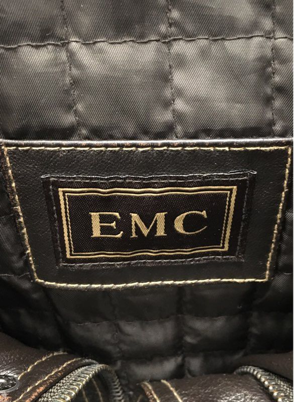 EMC Men's Dark Brown Leather Jacket Quilted Lined Contrast Stitch Car Coat Sz L