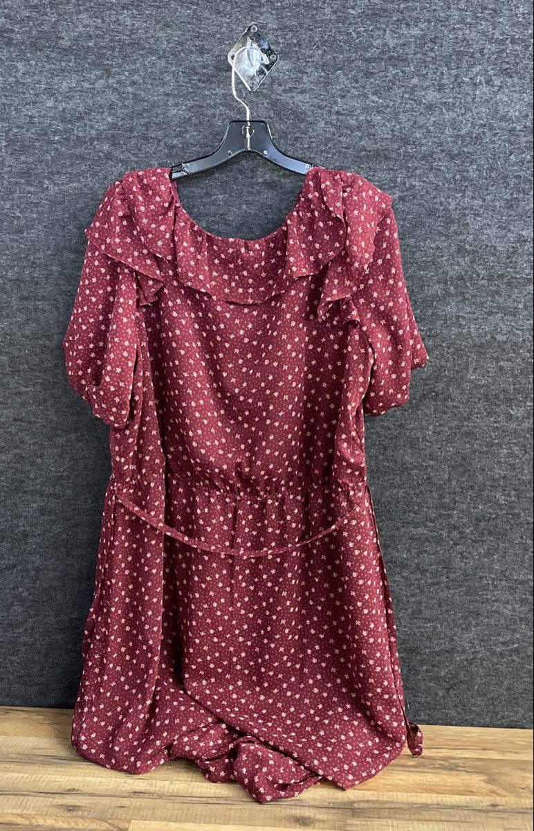Loft Women's Burgundy Ruffle Neck Floral Print Puff Sleeve Dress XXL NWT