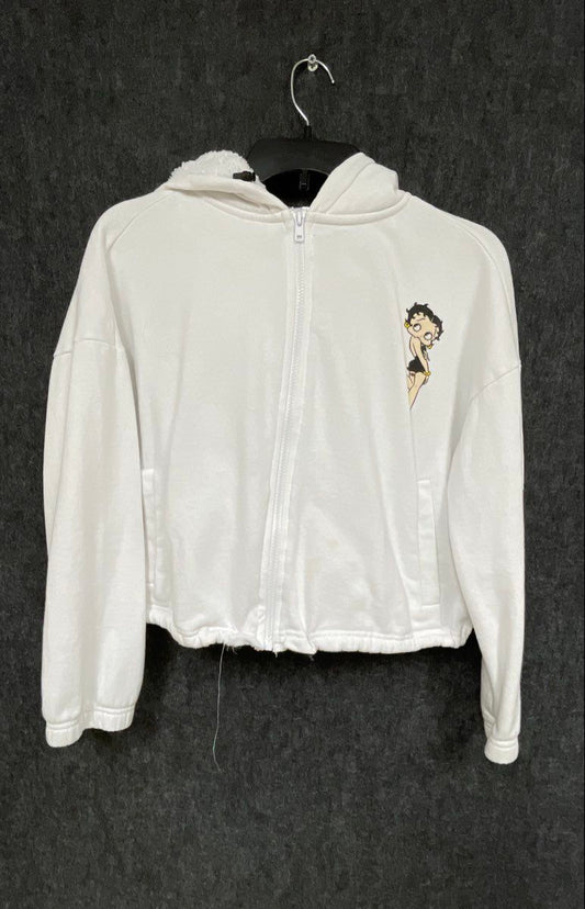 Betty Boop Women's White Cropped Zip Up Hoodie Sherpa Lined Graphic Sz M