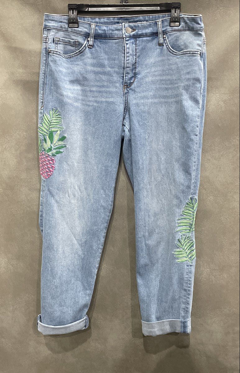 Crown & Ivy Women's Light Wash Blue Pineapple Palm Embroidered Jeans Sz 14R