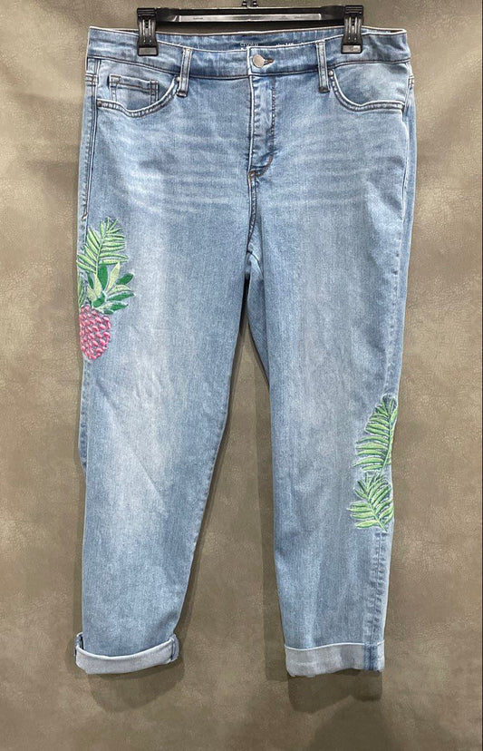 Crown & Ivy Women's Light Wash Blue Pineapple Palm Embroidered Jeans Sz 14R