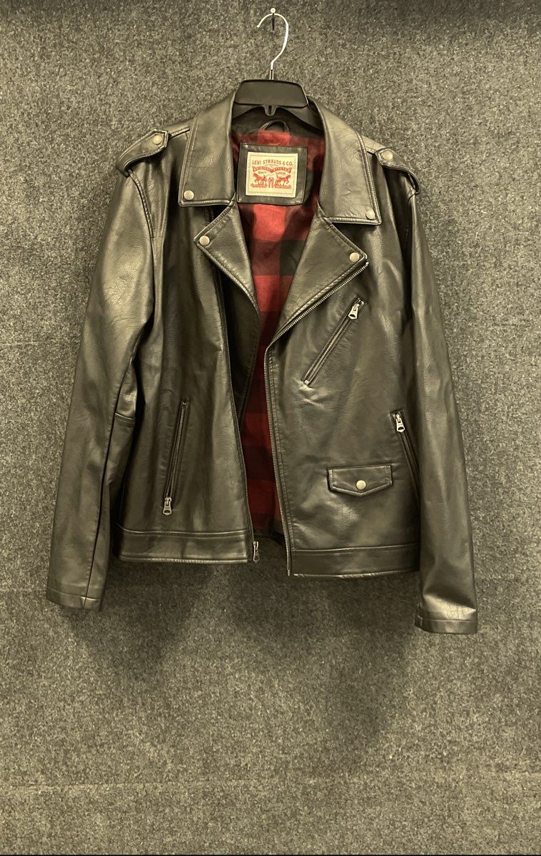 Levi's Men's Black Faux Leather Asymmetrical Moto Biker Jacket Plaid Lined Sz L