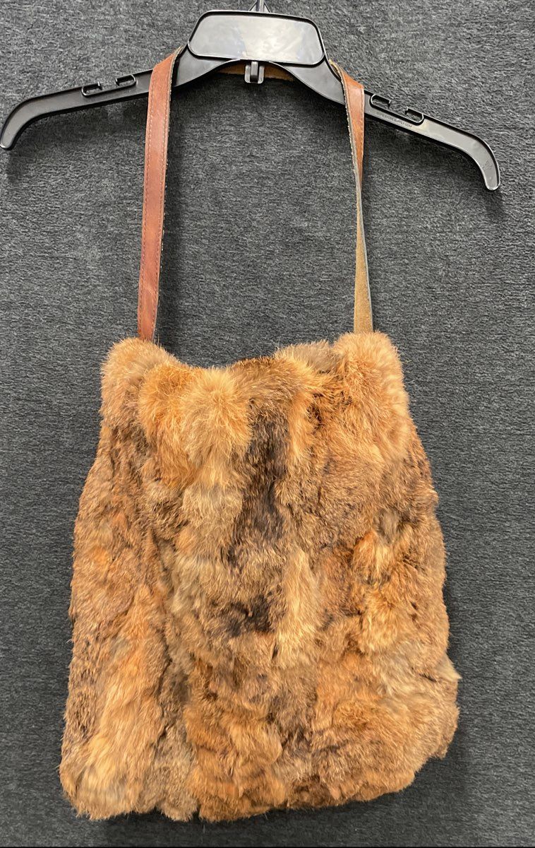 Vintage 1970s Brown Real Fur Shoulder Bag Handbag Leather Strap