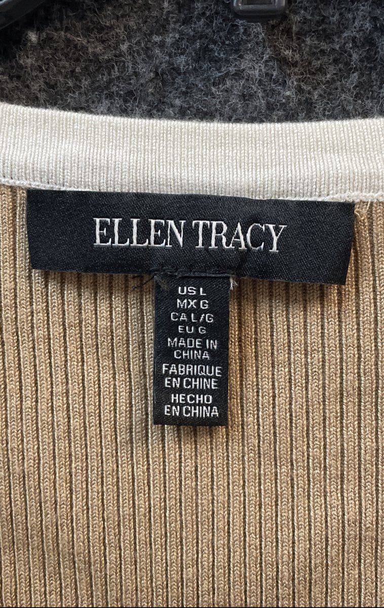Ellen Tracy Women's Tan Camel Ribbed Knit Cardigan Gold Button Top Sz L NWT