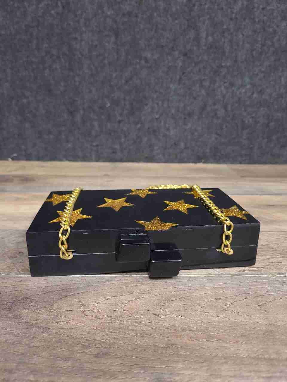 Lulu Black Acrylic Gold Glitter Star Lu Lu Box Clutch Crossbody Bag