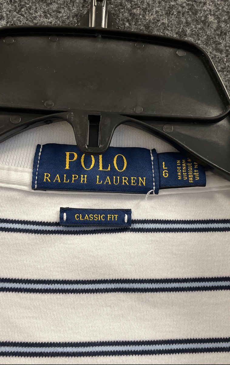Polo Ralph Lauren Men's White Blue Striped Short Sleeve Classic Fit Polo Sz L