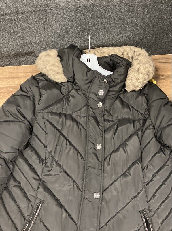London Fog Women's Black Chevron Quilted Faux Fur Hood Puffer Coat Sz XL