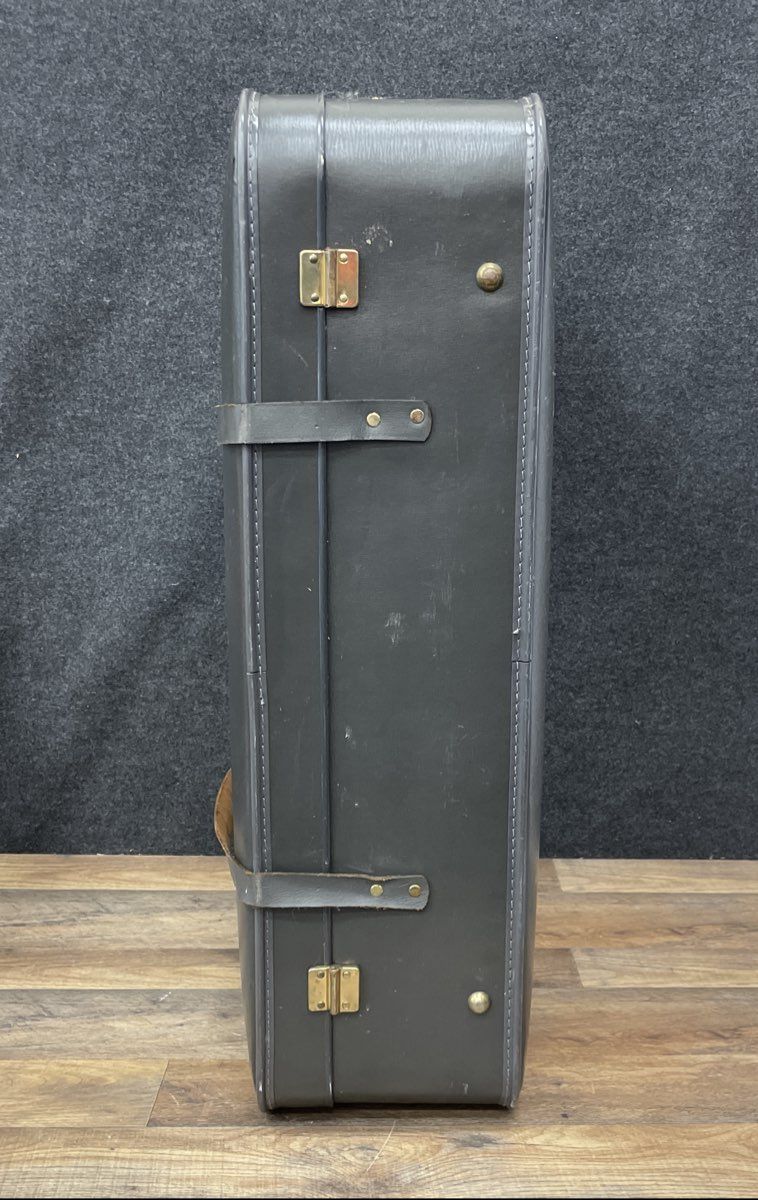 Vintage Grey Hardshell Suitcase Large Travel Luggage Brass Hardware