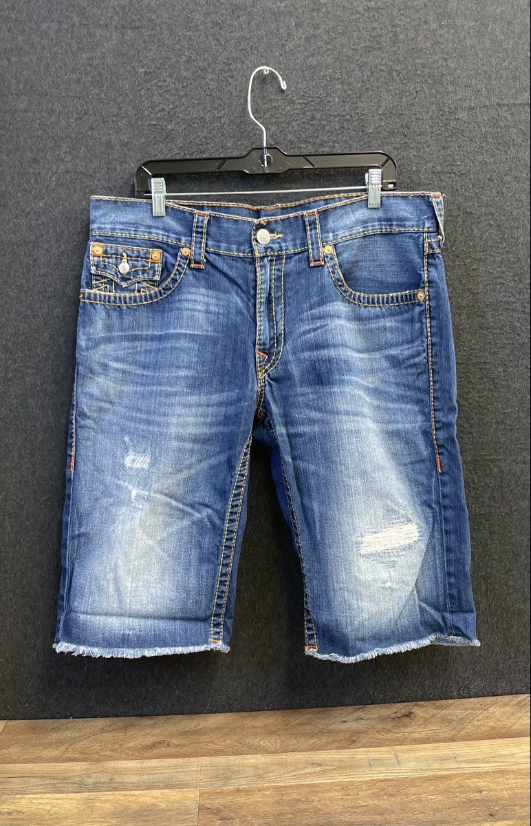 True Religion Men's Blue Distressed Cut Off Denim Shorts Horseshoe Sz 36