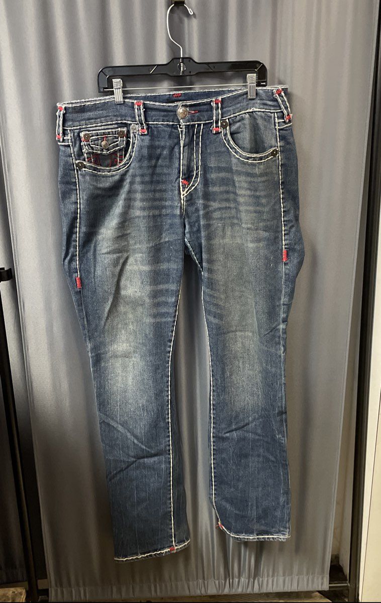 True Religion Men's Ricky Relaxed Straight Blue Jeans Super T Contrast Sz 34