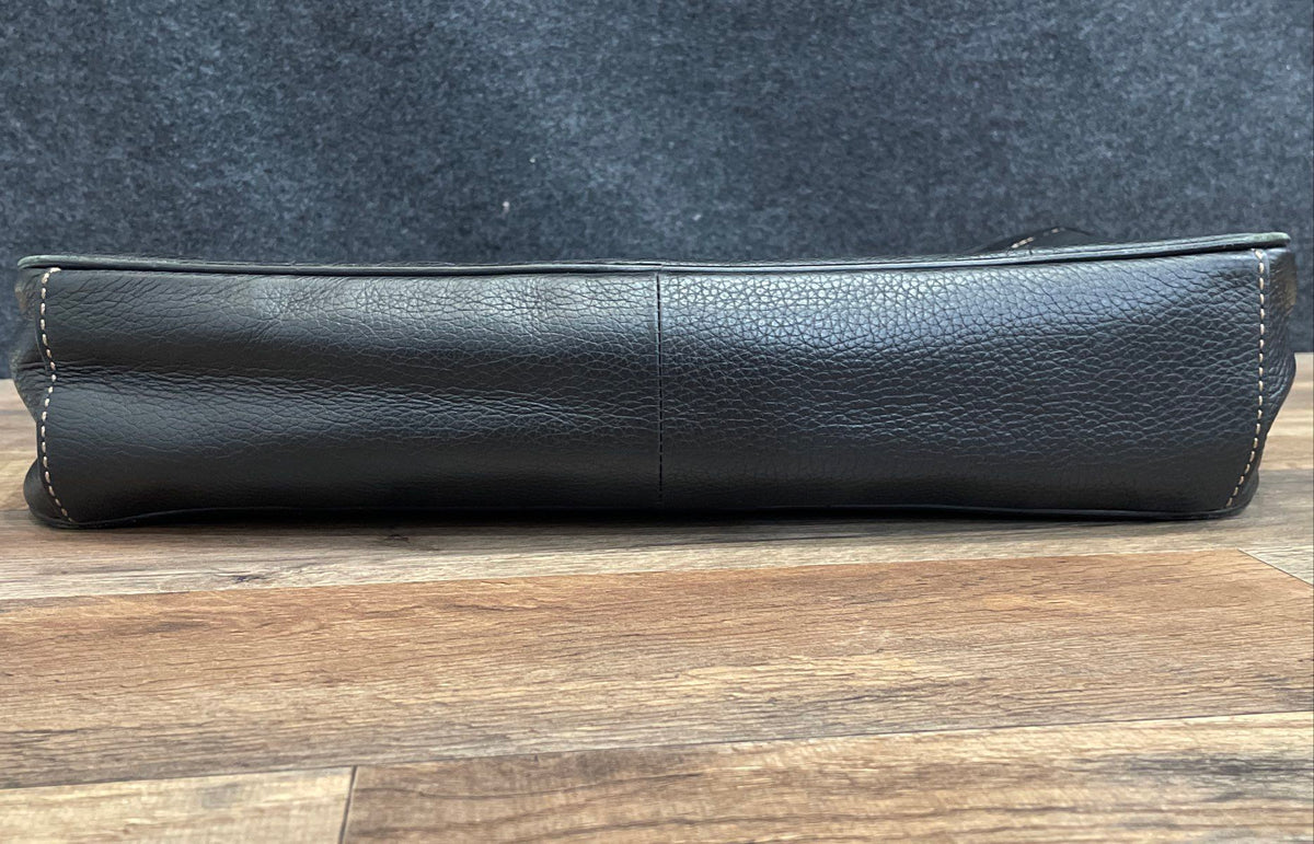 Fossil Black Leather Briefcase Laptop Bag Messenger Satchel Silver Hardware