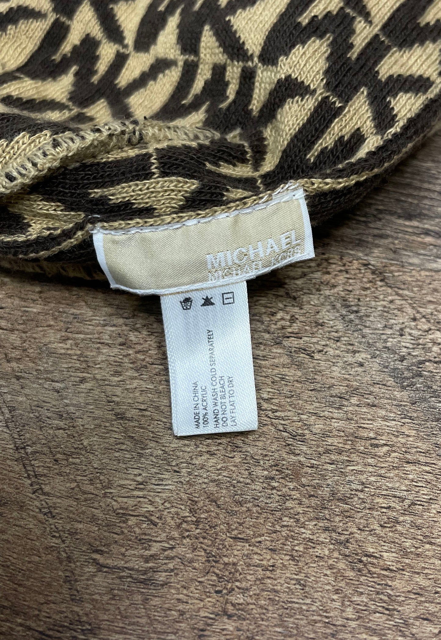 Michael Kors Women's Beanie Hat Brown Tan Monogram Logo Knit MK Print