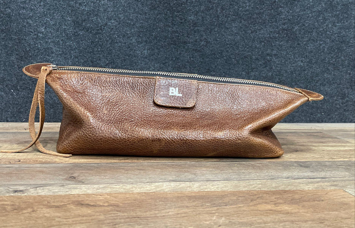 BL Brown Pebbled Leather Money Bag Large Zippered Travel Pouch Silver Hardware