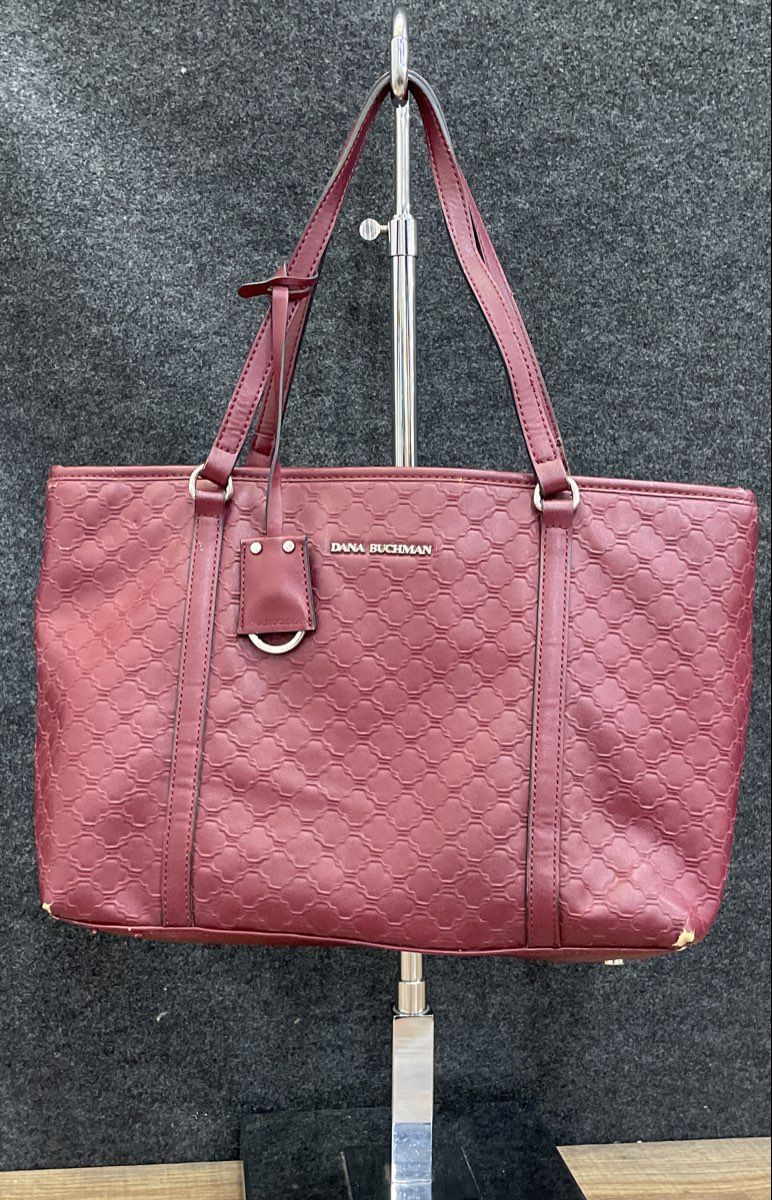 Dana Buchman Red Leather Embossed Lattice Tote Bag Silver Hardware