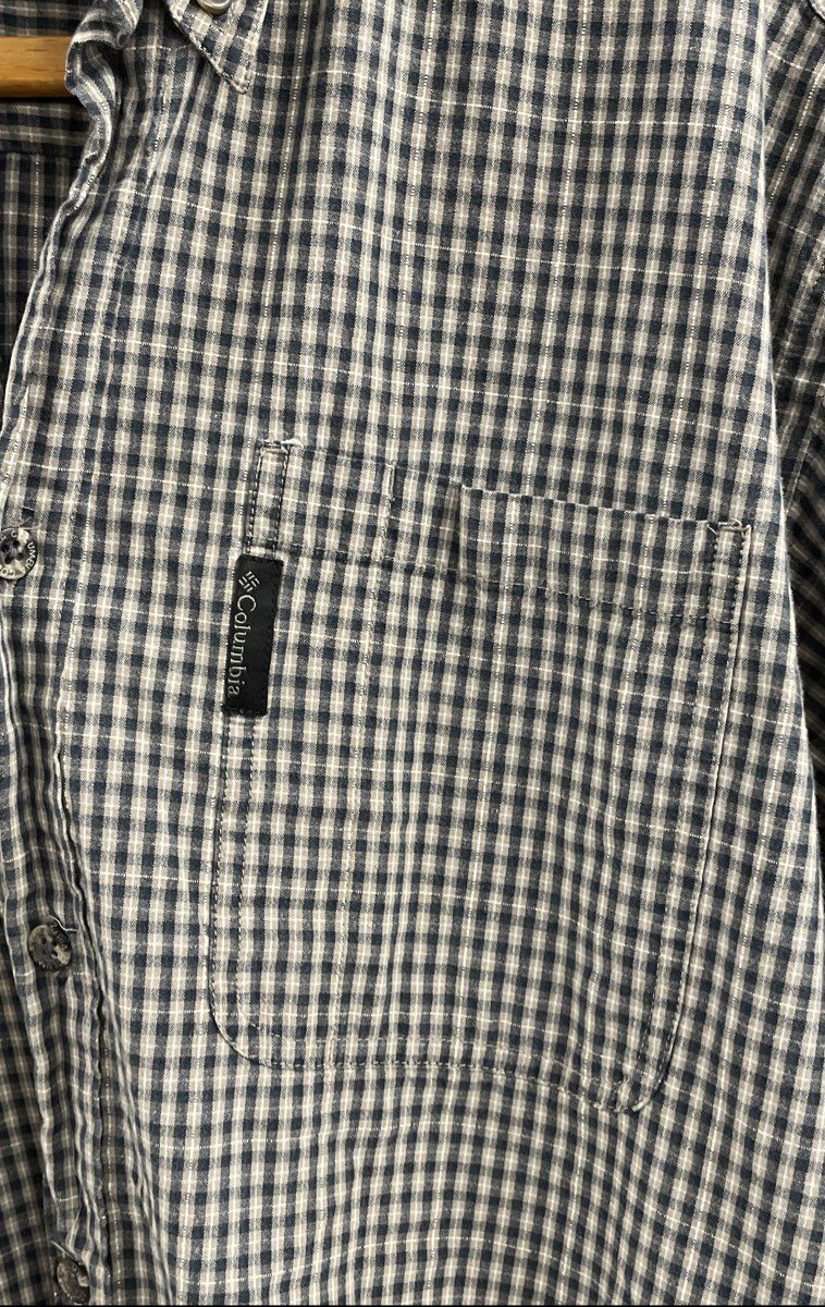 Columbia Men's Long Sleeve Button Up Shirt Gray Navy Gingham Check Cotton Sz L