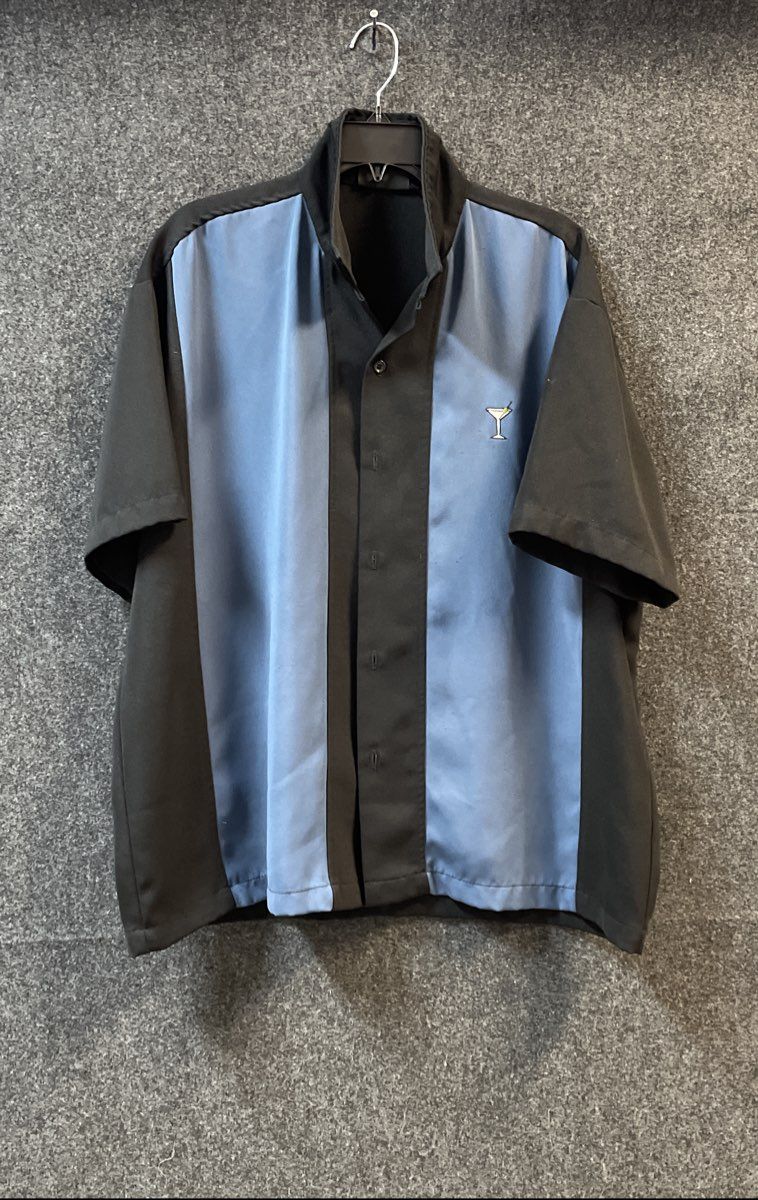 Steady Men's Black Blue Martini Embroidered Bowling Shirt Rockabilly Sz XL