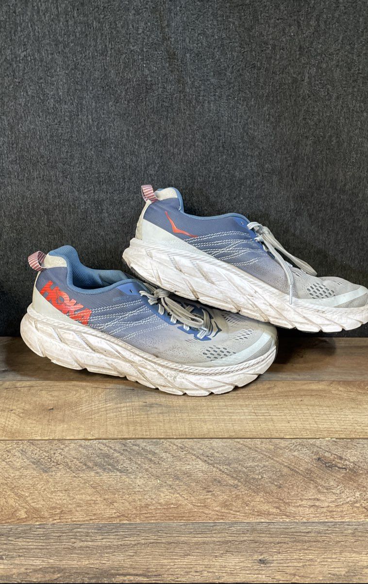 Hoka One One Clifton 6 Blue Grey Red Wide Running Shoes Women's Size 8.5D